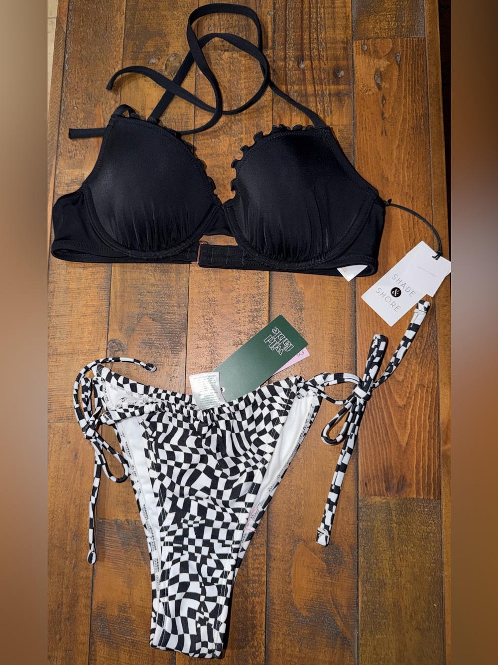 Shade & Shore Black Bikini Top with Black & White Check String Bottom